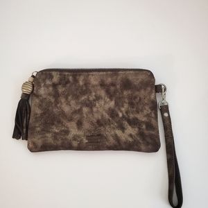 TOMS Sightsee Metallic Pouch Wristlet Gunmetal Black Gold Tassel Leather